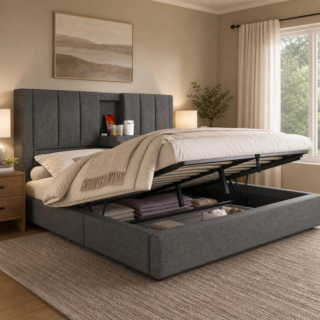 Letto matrimoniale imbottito 180x200 cm in lino grigio con contenitore; porta bicchieri e ricarica USB