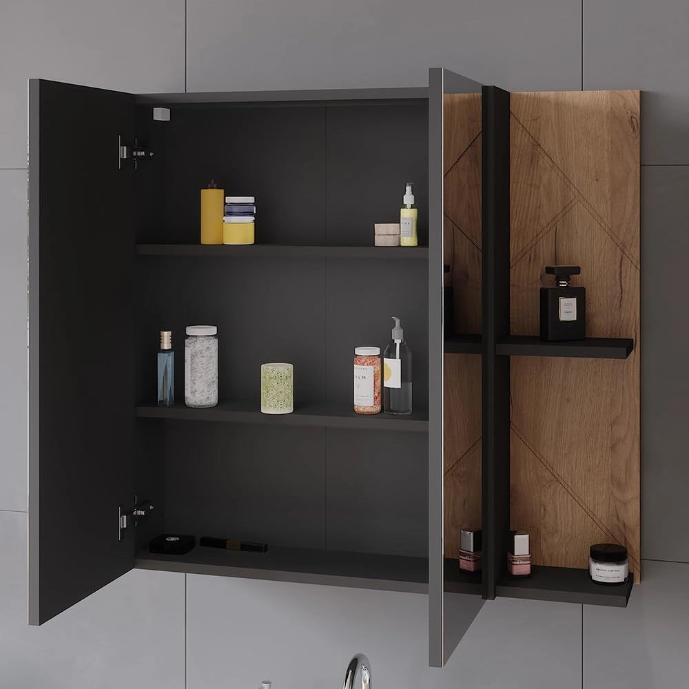 Mobile a specchio per bagno Irma, Antracite/quercia dorata, 80 x 75 cm, per montaggio a parete con ripiani aperti e specchio