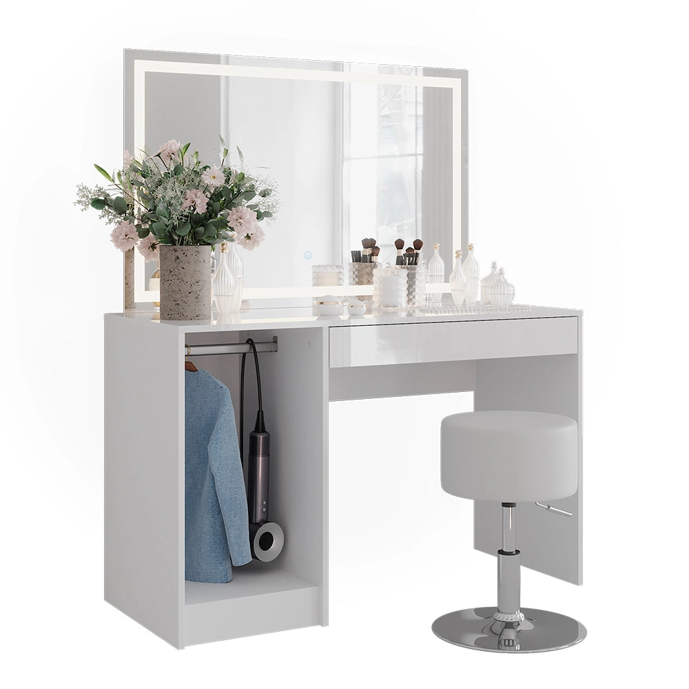 Vicco Tavolo da toeletta Bianco/bianco lucido 119.8 cm con illuminazione a LED e sgabello