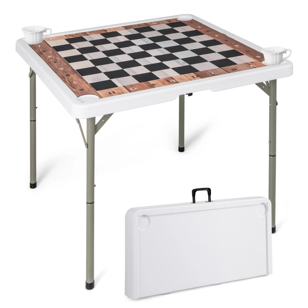 Tavolo da scacchi pieghevole da 90 cm con tappetino rimovibile-Tavolo quadrato portatile in plastica con portabicchieri e manico per feste e campeggio