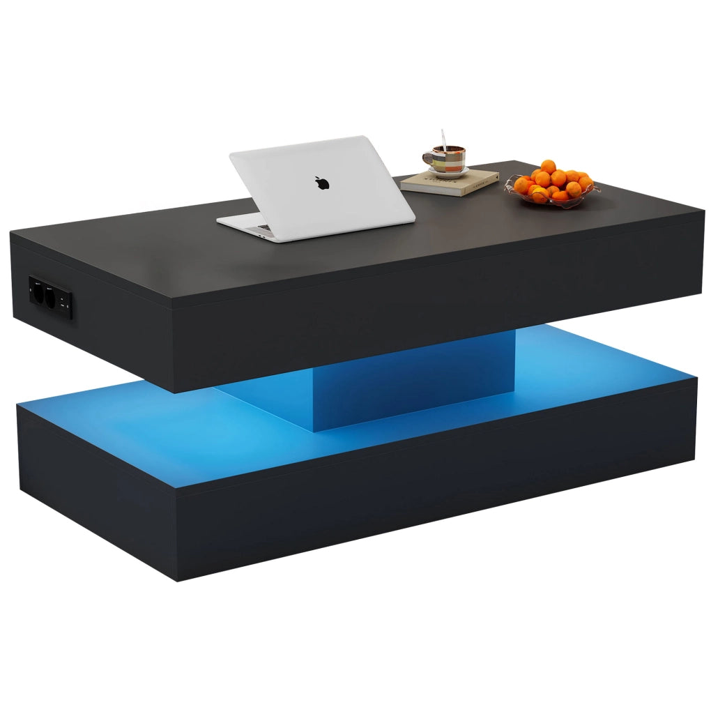 Tavolino da caffè 100x50x42 cm con piano sollevabile; LED integrata e vano nascosto in truciolare nero