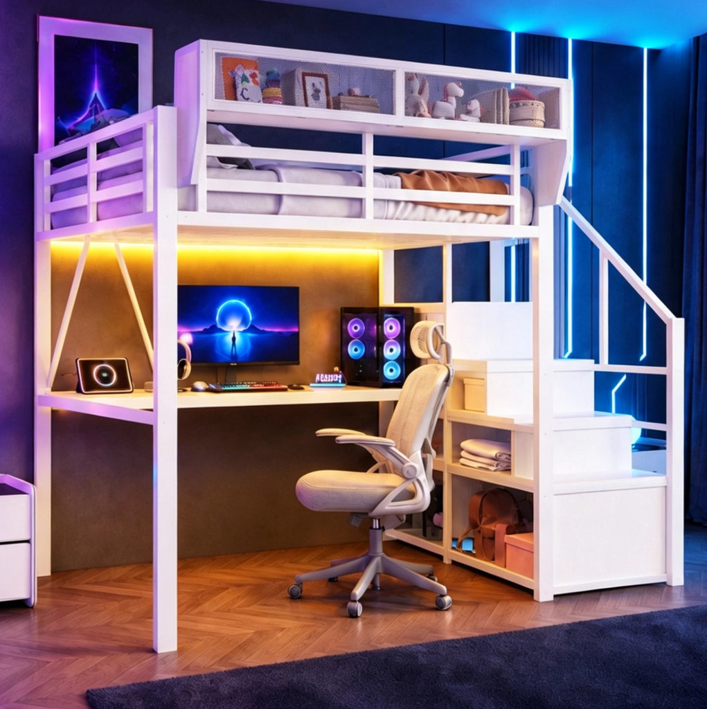 Letto a soppalco 140x200 cm in metallo con scrivania; striscia LED; scala e ripiani; bianco