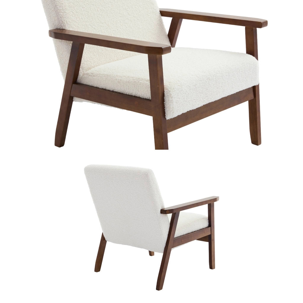Poltrona scandinava bouclé in legno di hevea tinto noce chiaro, bouclé