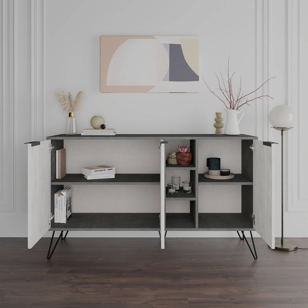 Credenza 0, Buffet moderno a 3 ante e piccoli vani a vista, Madia lineare da soggiorno con piedini, Mobile con ripiani, Cm 142x35h83, Bianco