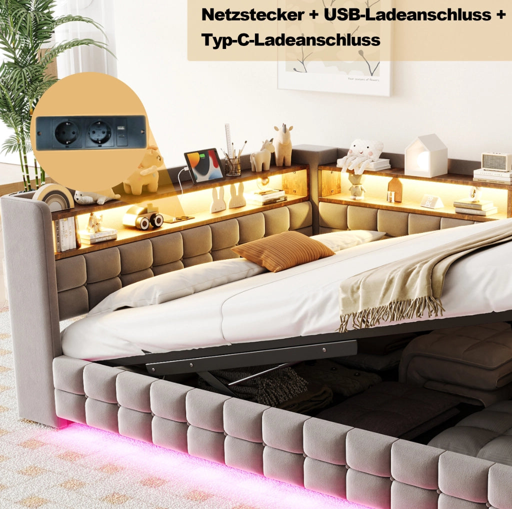 Divano letto imbottito multifunzione 140x200 cm in velluto grigio chiaro con LED e vano contenitore