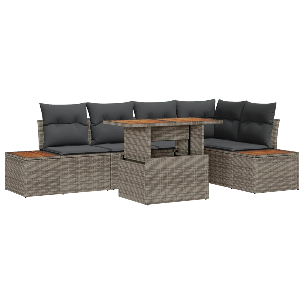Set da Pranzo da Giardino 6 Pezzi con Cuscini Grigio Polyrattan Acacia