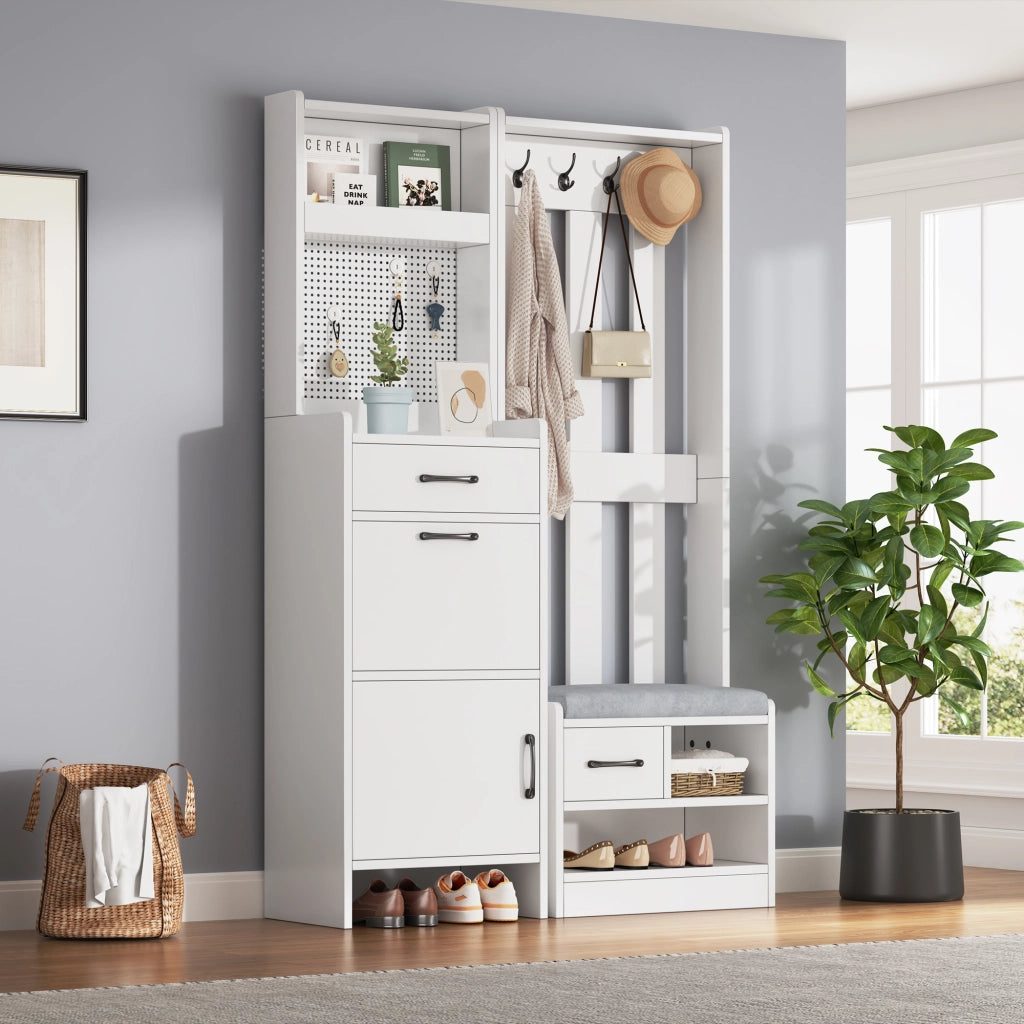 Mobili da ingresso con panca portascarpe e 2 cassetti, 7 ganci e pannello forato, bianco 110 × 35 × 175,5 cm