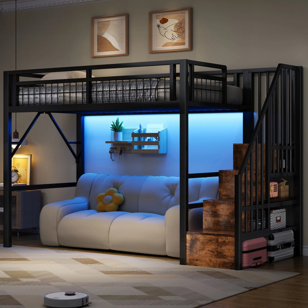 Letto a soppalco 90x200 cm in metallo e MDF con LED controllabile da app e scale con contenitore; nero