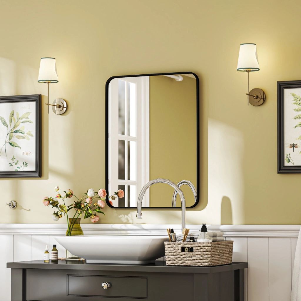 Specchio Bagno con Cornice in Metallo e Gancio, 60x2.5x80 cm, Nero