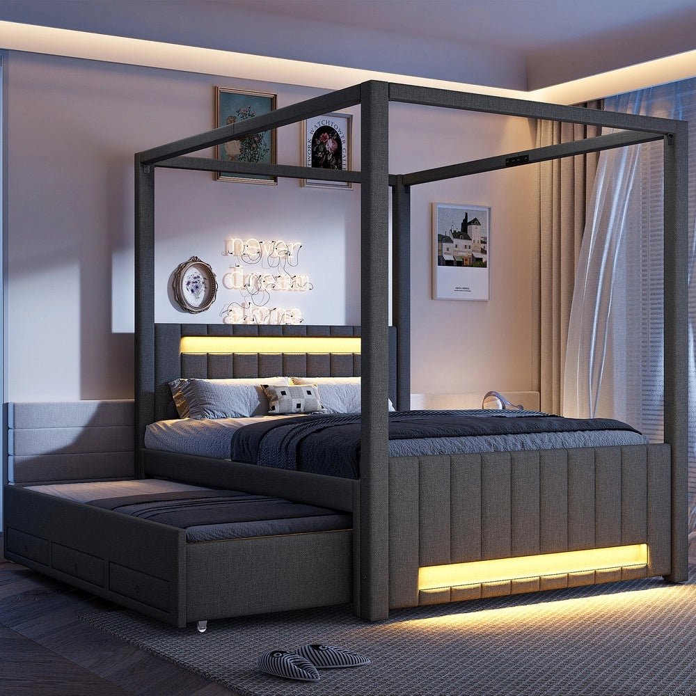 Letto Baldacchino Imbottito con Letto Estraibile, Cassetti e LED ¨C Xylo ¨C Grigio 140x200