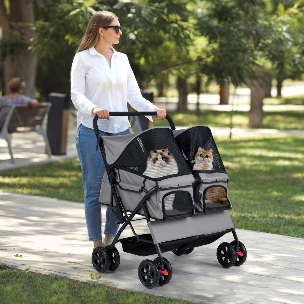 Passeggino doppio animali carrozzina 2 posti tettuccio regolabile, Passeggino doppio animali cuscino sicurezza Grigio