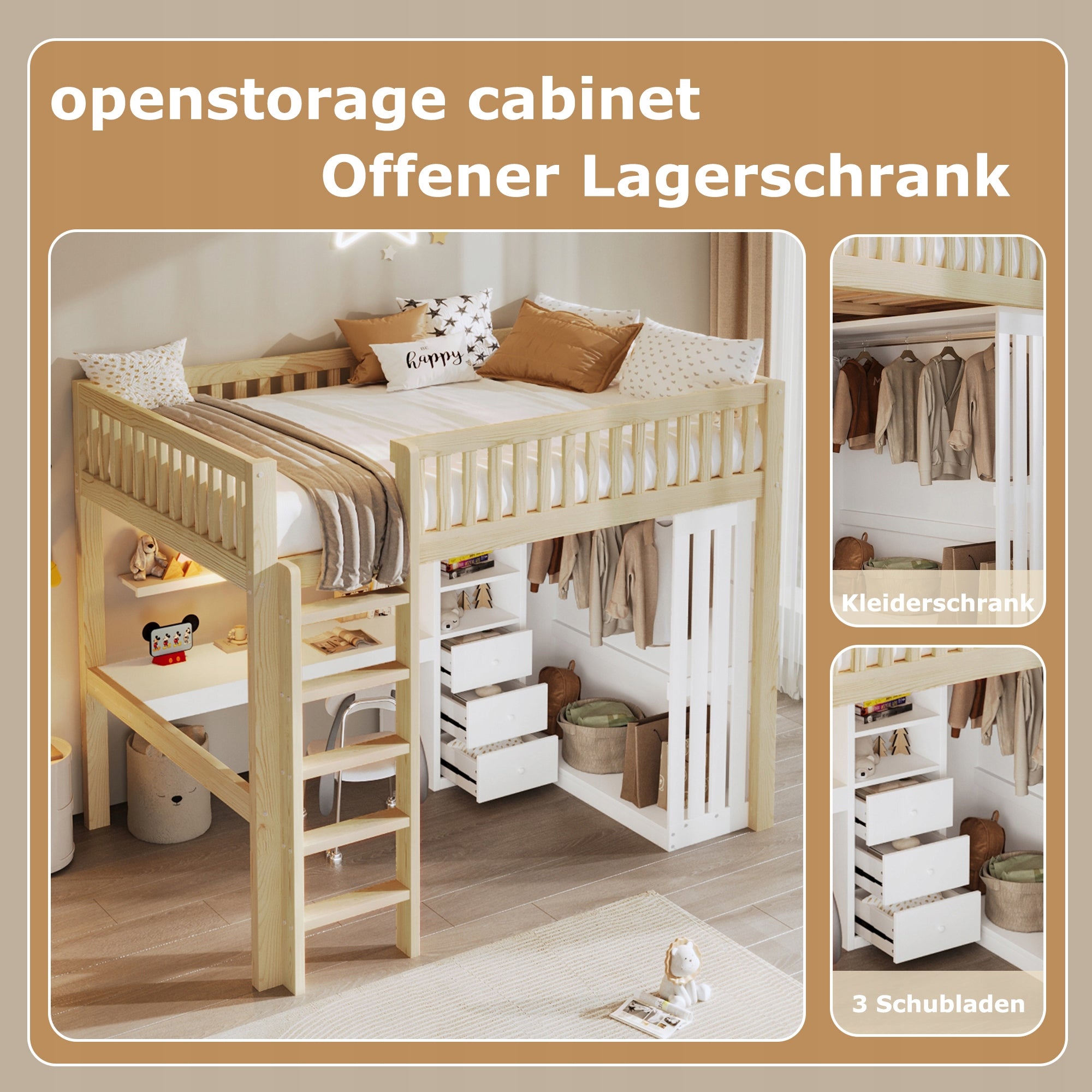 Letto a castello con scrivania e armadio - Xylo - 140x200 cm con cassetti