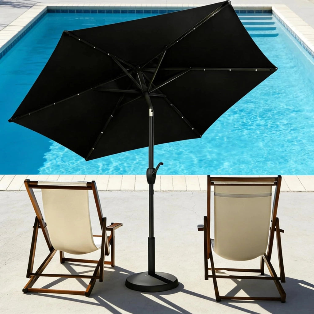 Ombrellone da Giardino con LED 230 cm, Ombrellone da Spiaggia Inclinabile e Portatile, con 6 Aste e Manovella in Metallo, Anti UV, da Esterno per Patio, Piscina, Mercato, Terrazzo