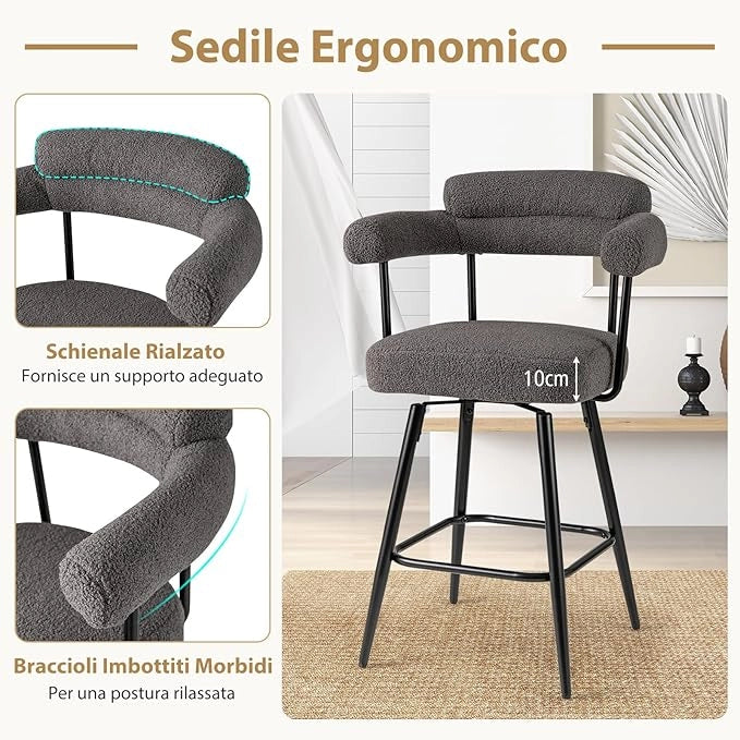Set di 2 Sgabelli da Bar Girevoli, Sedie Imbottite in Boucle con Schienale, Braccioli Curvi, Gambe in Metallo e Poggiapiedi, Portata 150 kg, per Isola Cucina, Caffè e Pub (Grigio)