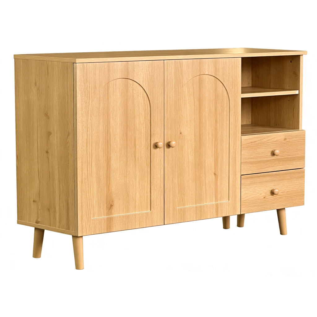 Credenza sideboard con ante bombate, 2 cassetti e vani aperti, colore naturale
