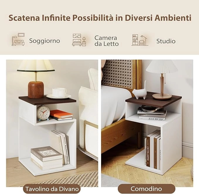 Tavolino Laterale da Salotto a Forma di S per Piccoli Spazi, Tavolino per Divano con 2 Scomparti Aperti, Comodino Moderno per Soggiorno, Camera da Letto e Studio, Bianco (1,Noce e Bianco)