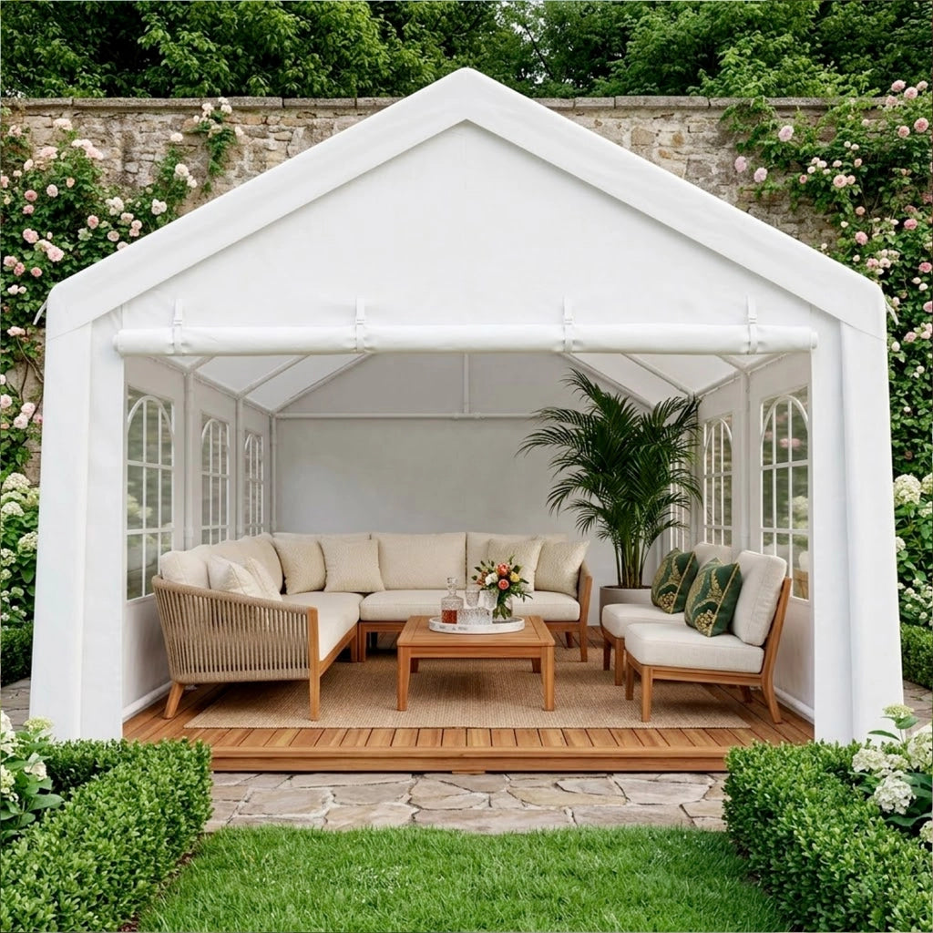 Gazebo Per Giardino Con Struttura In Pannelli Laterali Modulabili E Finestre Trasparenti Ideale Per Eventi Feste Catering Spazi Outdoor Elegante Impermeabile 6 x 4 x 3.15 Metri Bianco