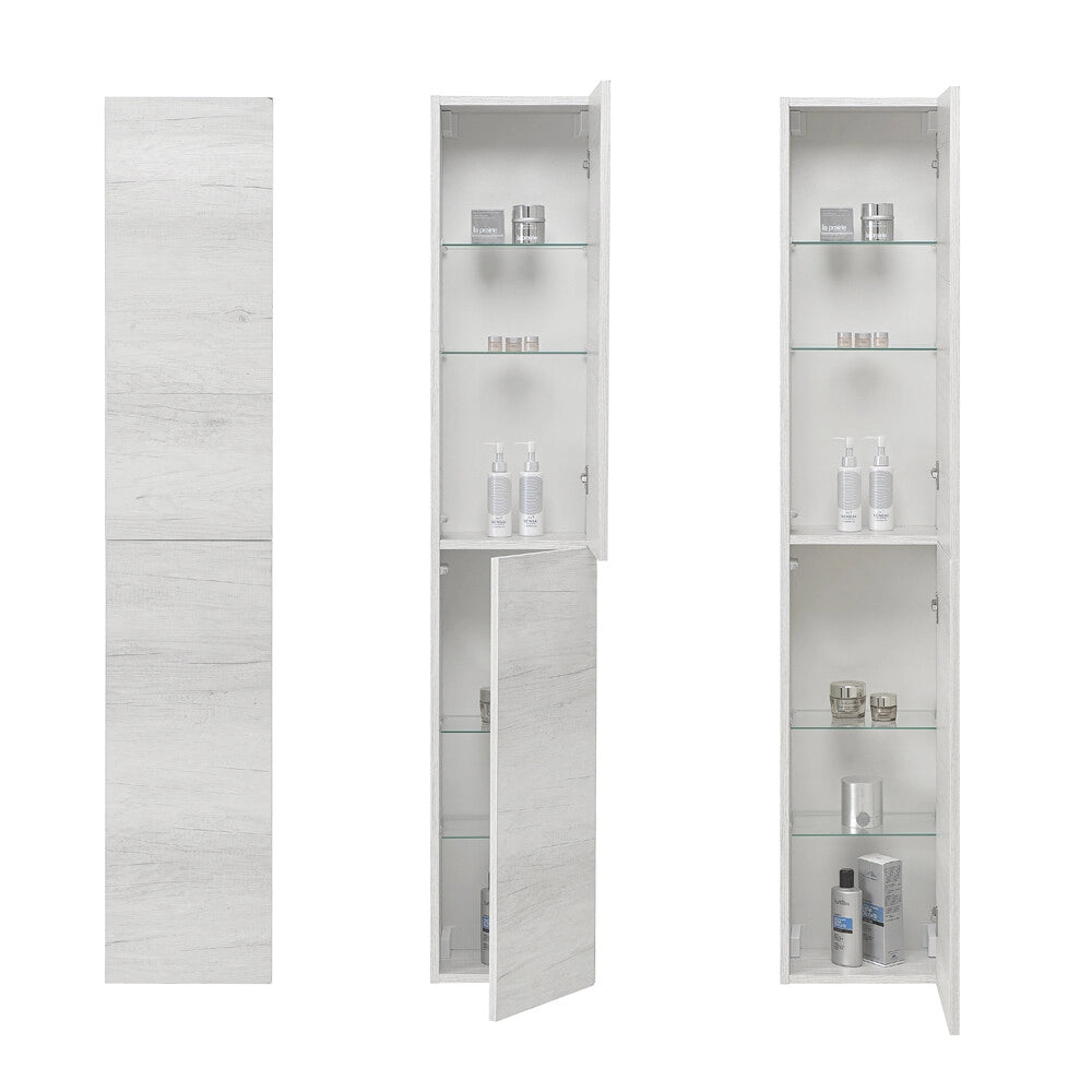 Colonna bagno sospesa 30x160 cm in quercia bianca con quattro mensole e due ante push-pull Leda