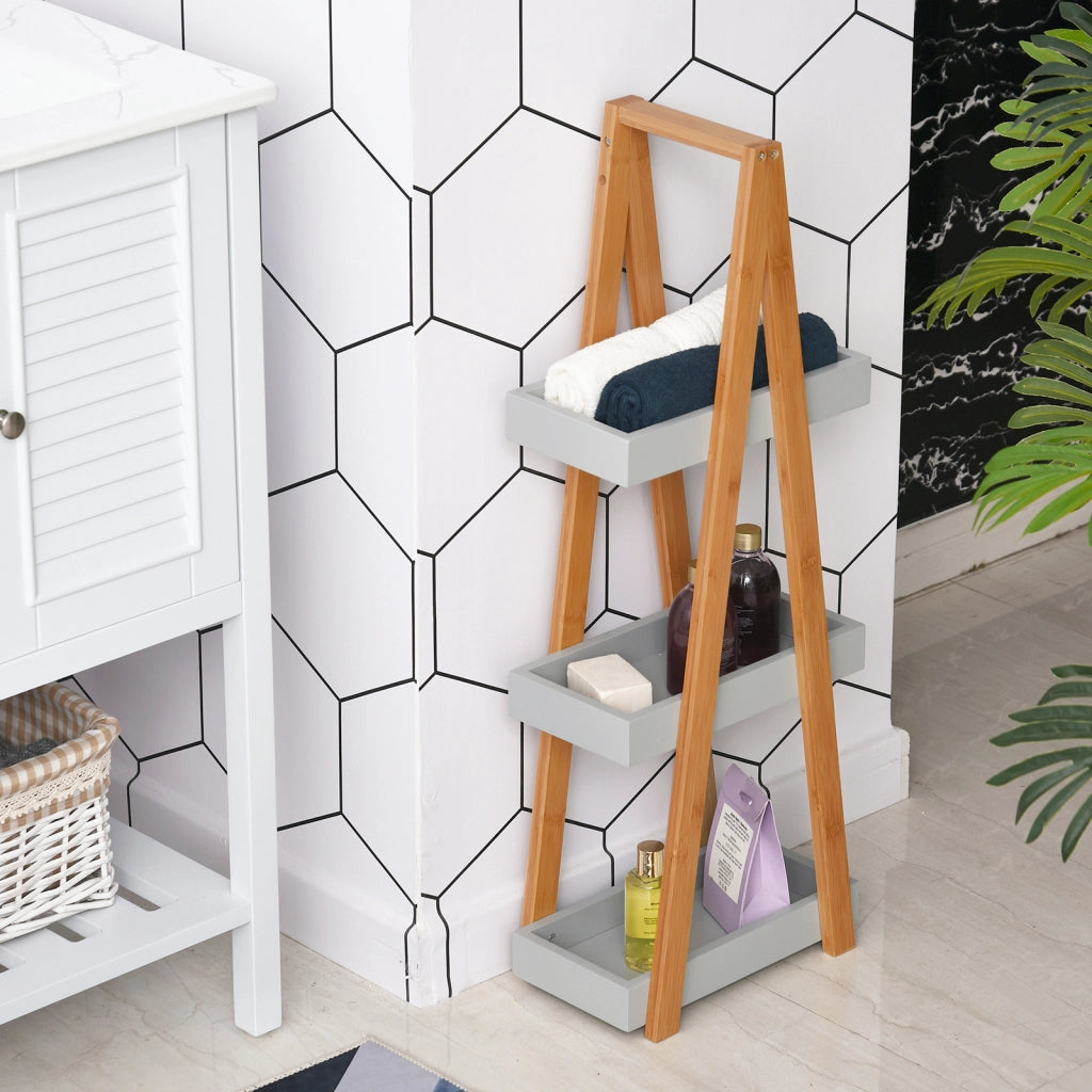 Scaffale da Bagno in Bamb¨´ con 3 Ripiani A-Forma ¨C zephmum ¨C Naturale e Grigio 30x18x81 cm