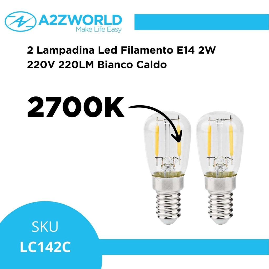 2 Lampadina Led Filamento E14 2W 220V 220LM Caldo 2700K Per Frigorifero Vetro Trasparente