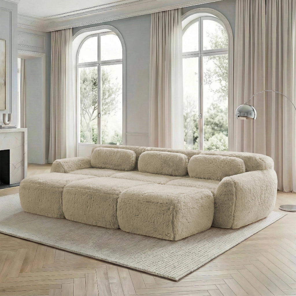 OKWISH Divano Modulare 3 Posti, Design Senza Struttura con Pouf Collegabile e Base Antiscivolo, Peluche, Cachi Chiaro