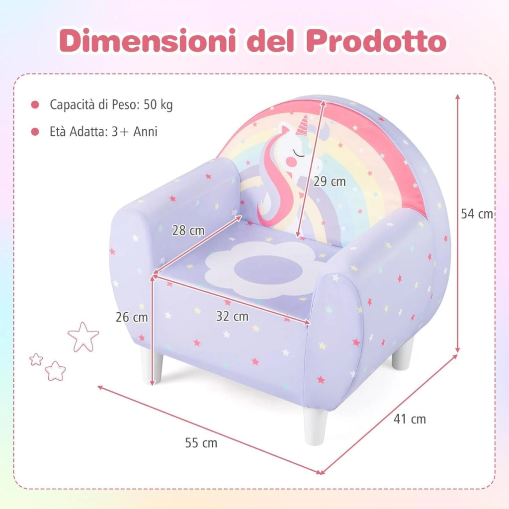 Sofa per bambini con tema unicorno colorato, Divano per bambini per ragazzi ragazze Lilla