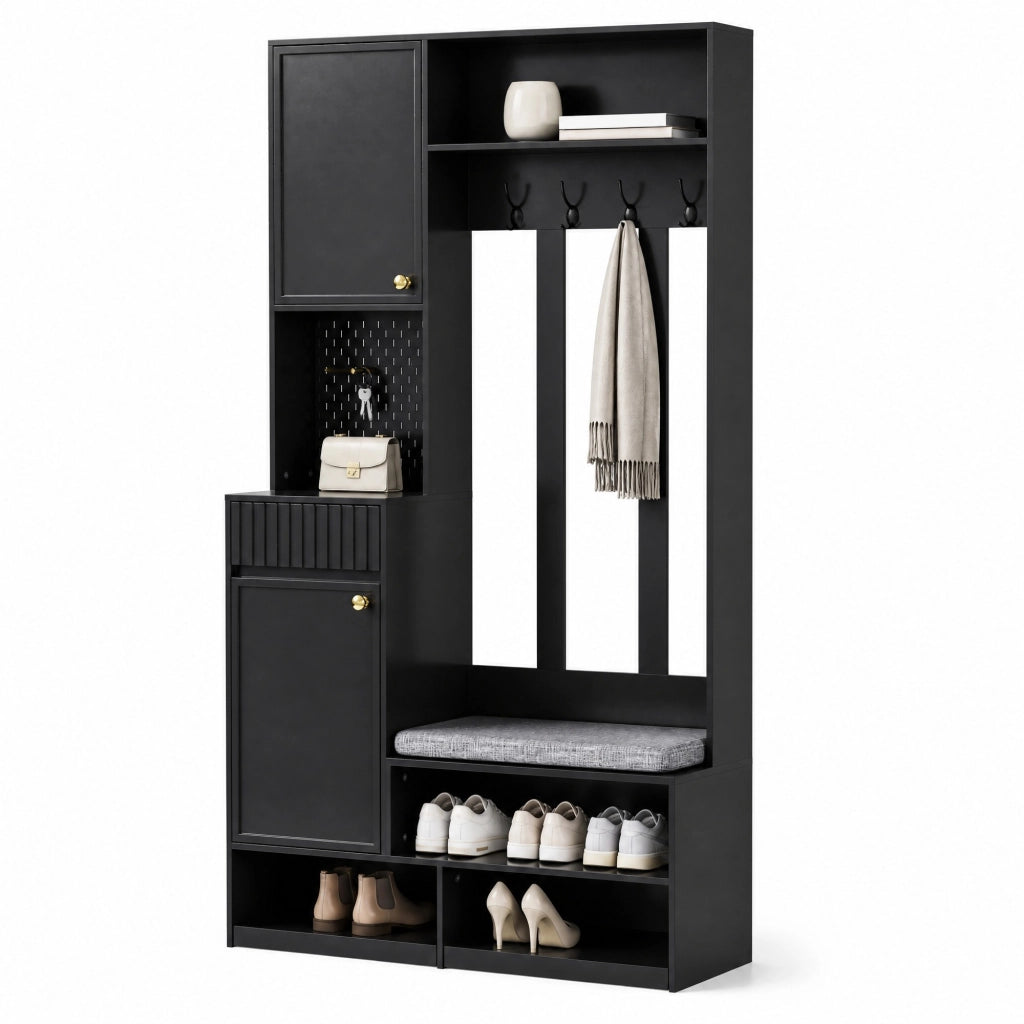 Mobile ingresso multifunzione con panca; 4 ganci; cassetti e pannello forato; 100x180x35 cm; nero