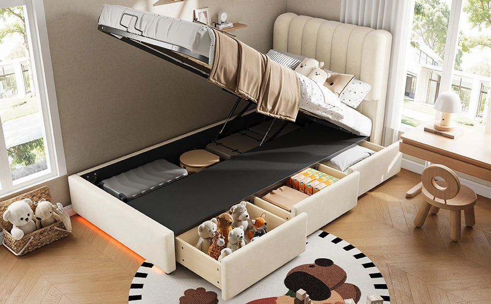 Letto per bambini contenitore 90 × 200 cm con 3 cassetti, LED, senza materasso, in velluto, beige