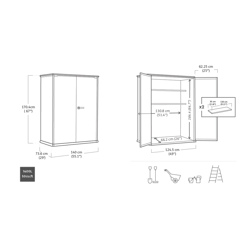 Armadio Porta Attrezzi da Esterno Cortina Alto EVOTECH+ 1400L 140x73,6x170,4 - Grigio effetto legno - Keter