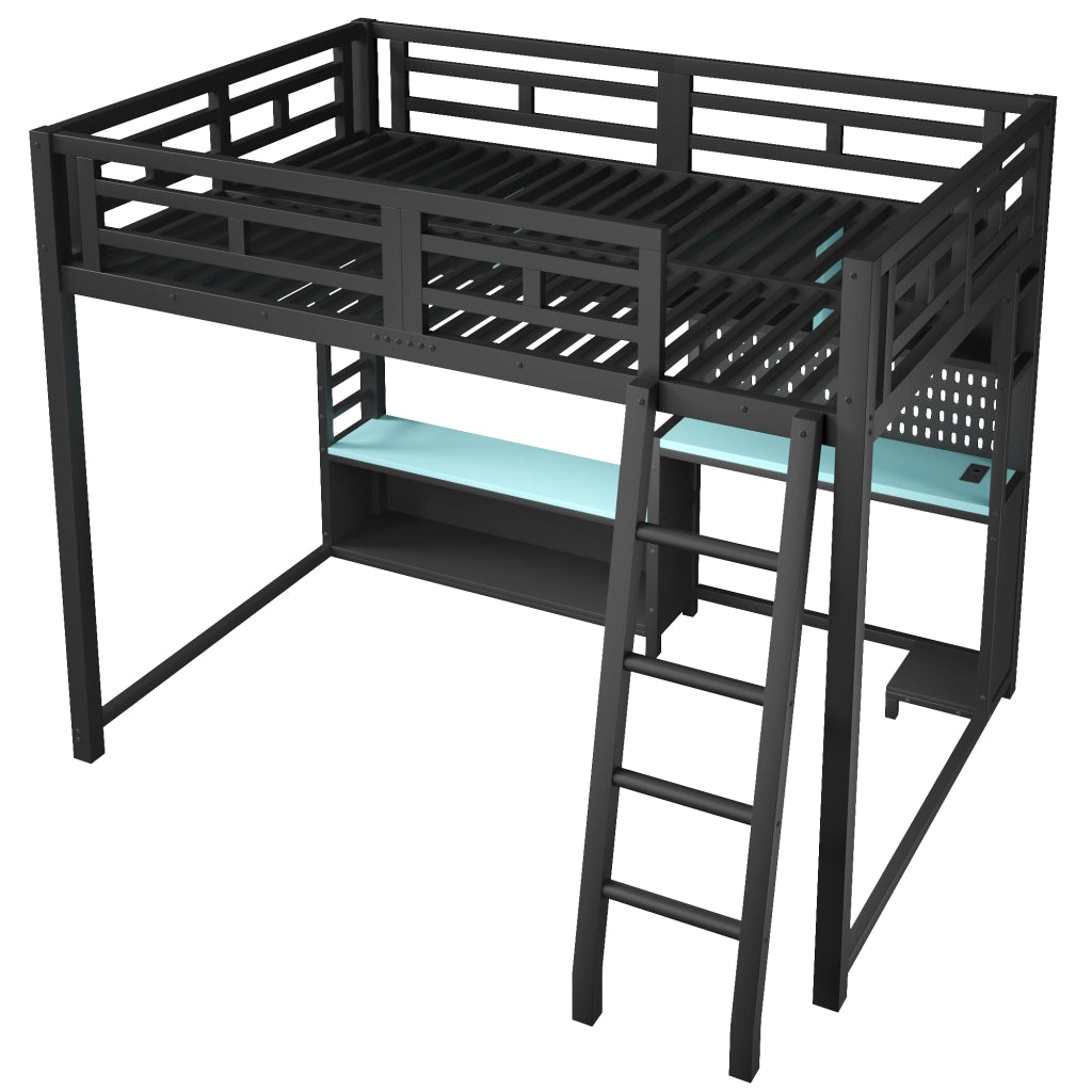 Letto a soppalco 140 × 200 cm per ragazzi con scrivania LED RGB in MDF e metallo nero e ripiani laterali