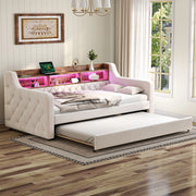 Letto estraibile 90x190 cm con contenitore; LED e USB-C in velluto beige