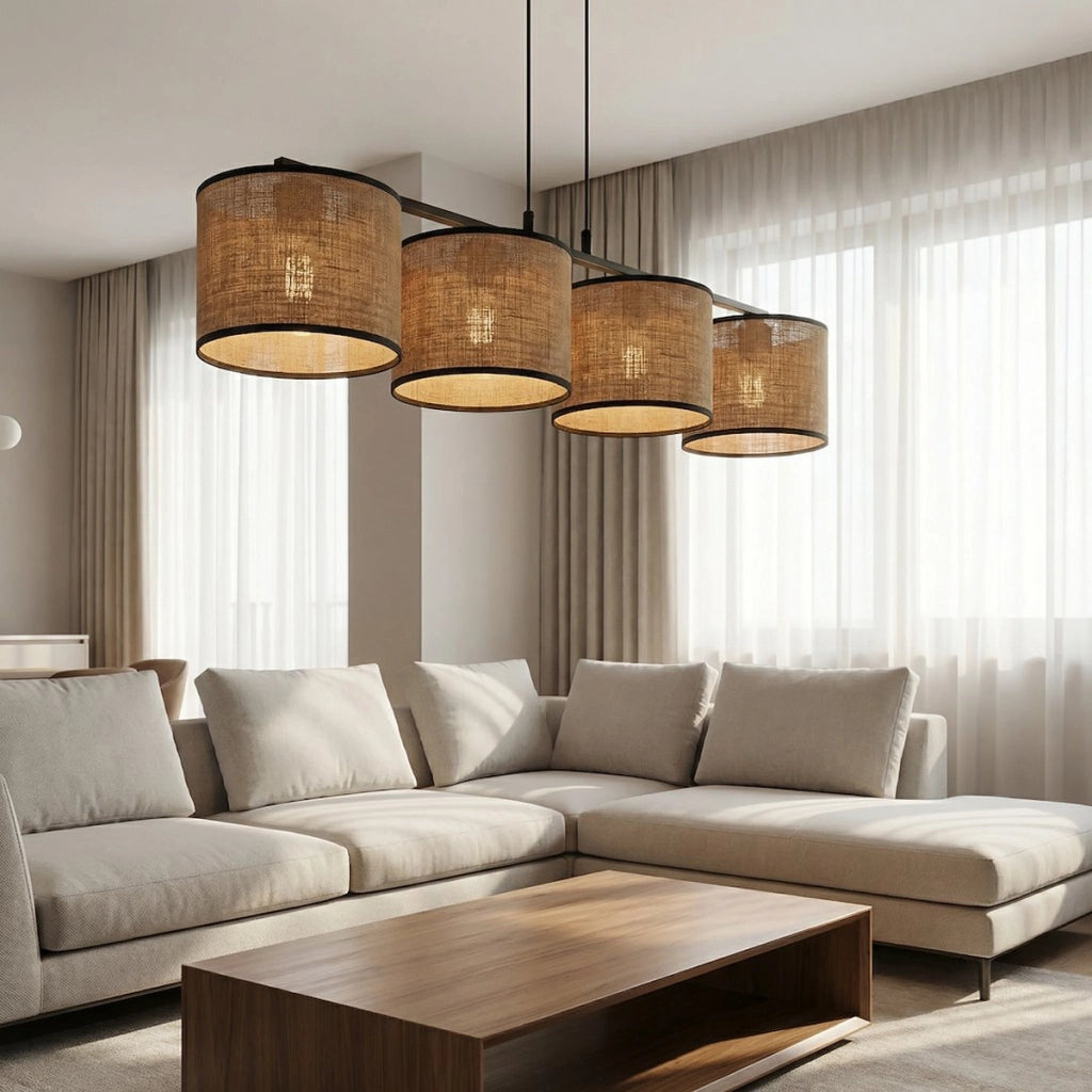 Lampada a sospensione ECO a 4 luci in acciaio nero e tessuto marrone
