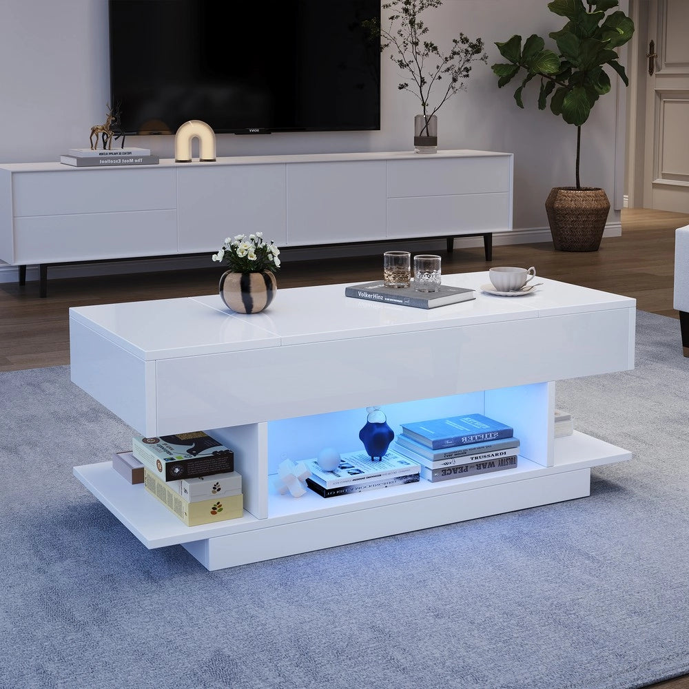 Tavolino da Caff¨¨ con Piano Sollevabile e LED ¨C MINIMAL ¨C Bianco Lucido, 98x45x40