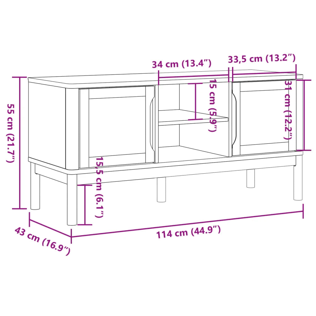 Mobile TV multimediale scaffale TV credenza mobile TV sala da pranzo soggiorno camera da letto FLORO 114 x 43 x 55 cm legno massello di pino bianco 02_0027621