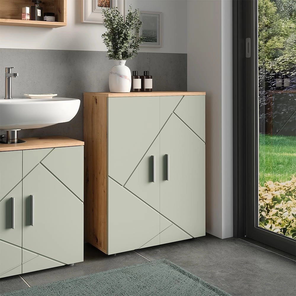 mobiletto bagno Irma, Verde salvia, 60 x 81 cm, Due ante offrono spazio contenitivo nascosto per prodotti per la cura e asciugamani