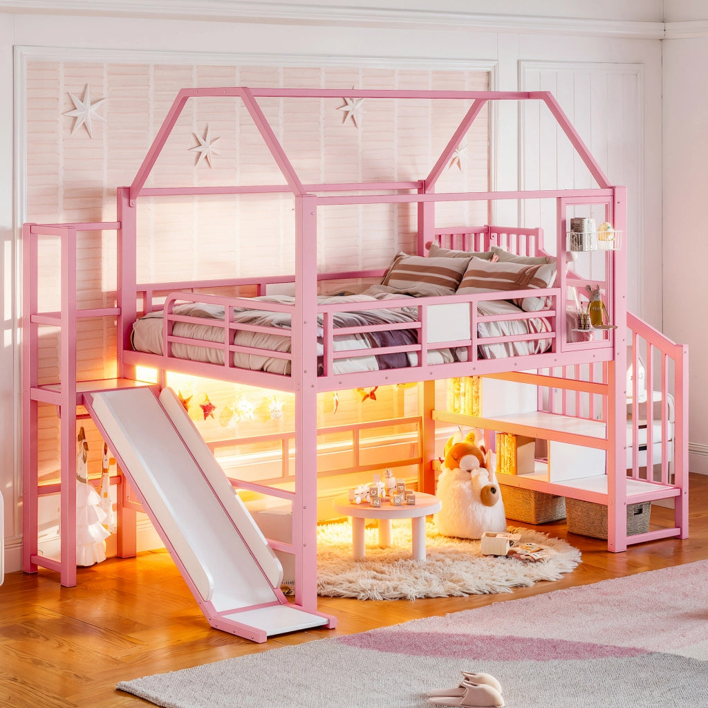 Letto a soppalco per bambini a casetta rosa 140x200 cm con scivolo; LED e scaletta