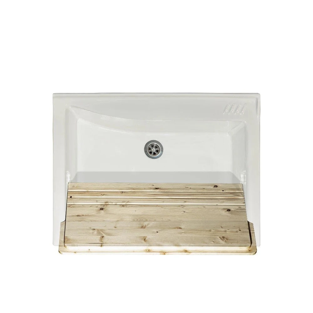 Mobile lavatoio 60x84 cm bianco con vasca in ceramica, fondo salvagoccia e asse in legno | Lavella