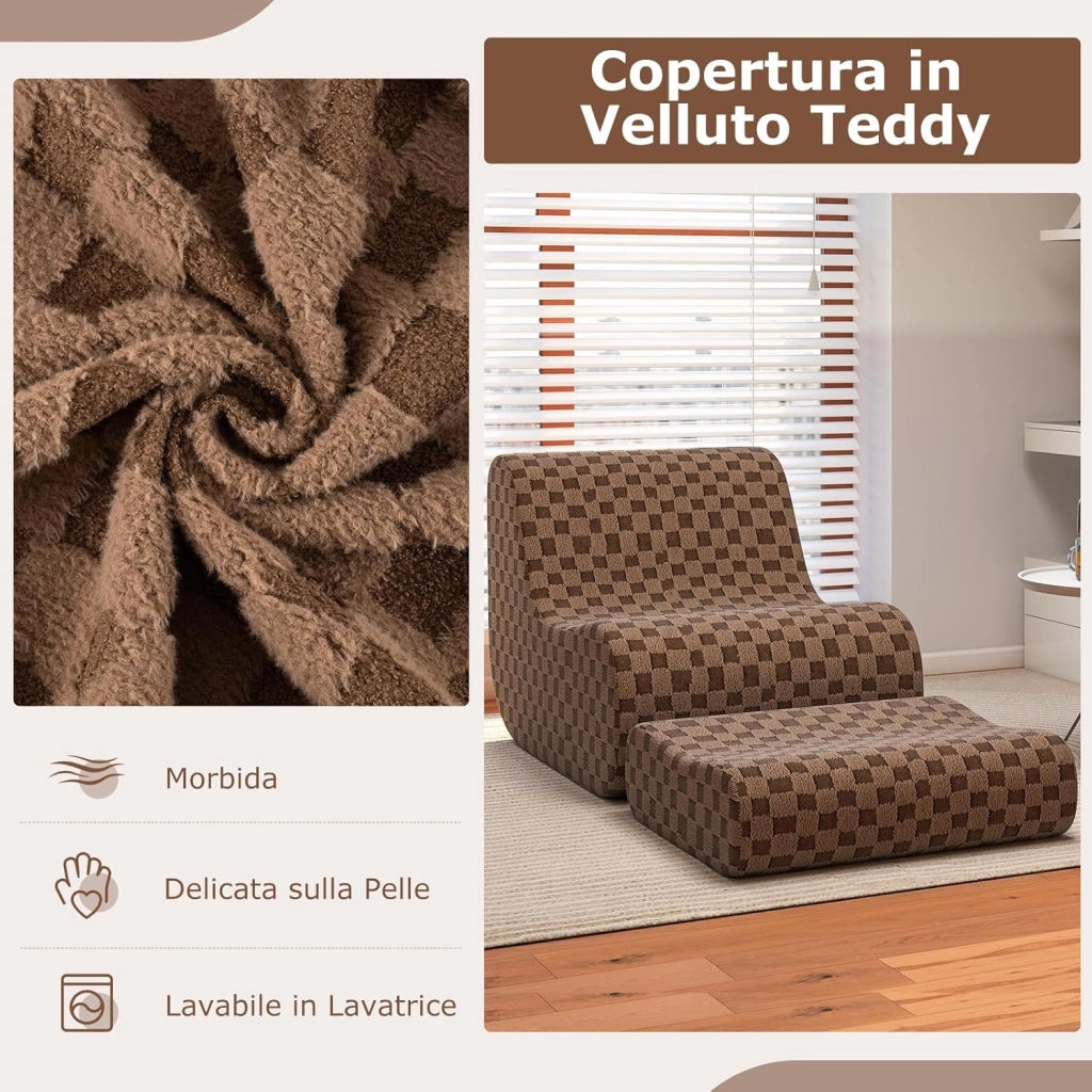 Sedia a Sacco con Pouf, Divano in Spugna ad Alta Elasticità, Fondo Antiscivolo e Copertura in Velluto Lavabile, Comoda Poltrona Pigra per Soggiorno Camera da Letto Sala Lettura (Marrone)