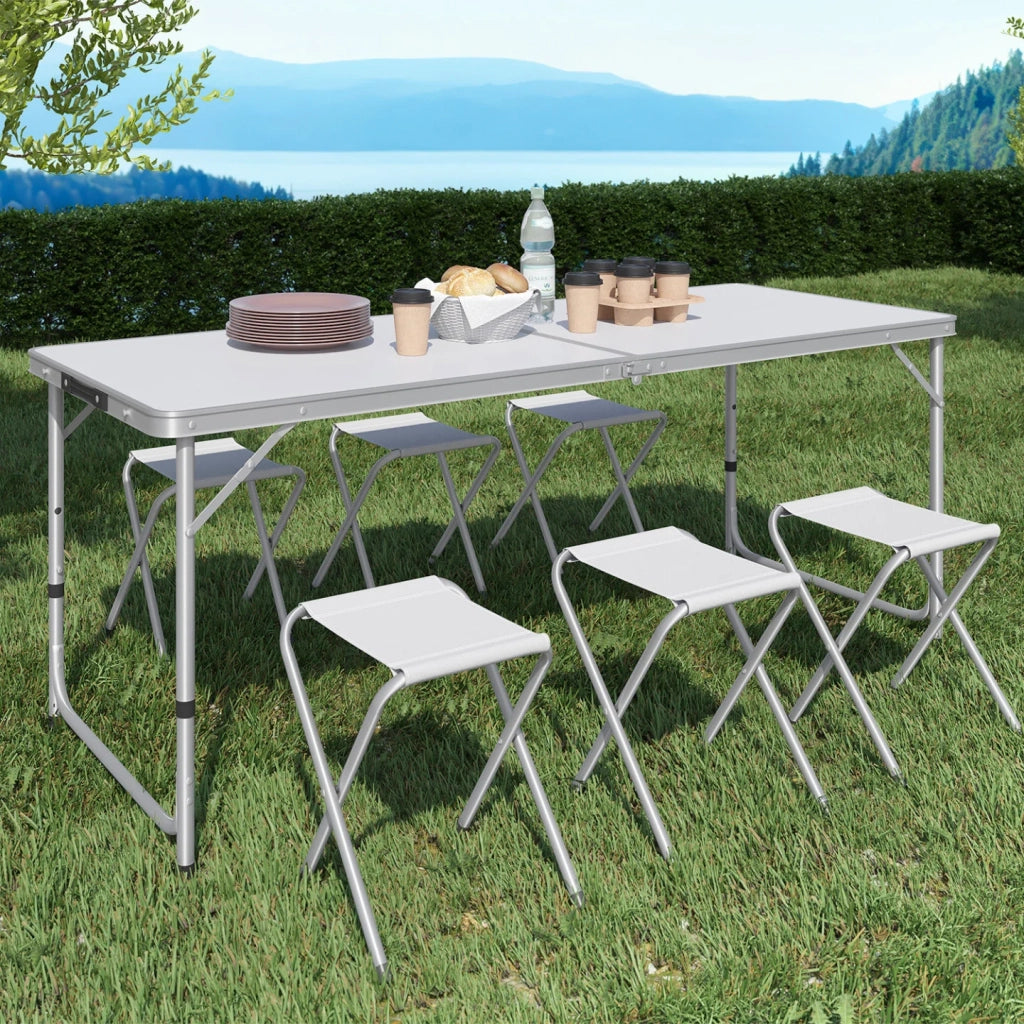 IDMarket - Tavolo da campeggio pieghevole regolabile in altezza da 160 cm e 6 sgabelli bianchi