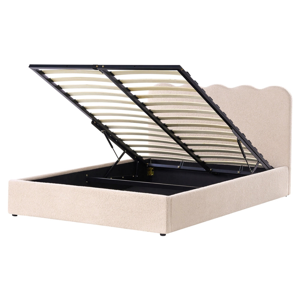 Letto in bouclé imbottito color beige 160 x 200 cm contenitore elevabile con testiera e rete a doghe