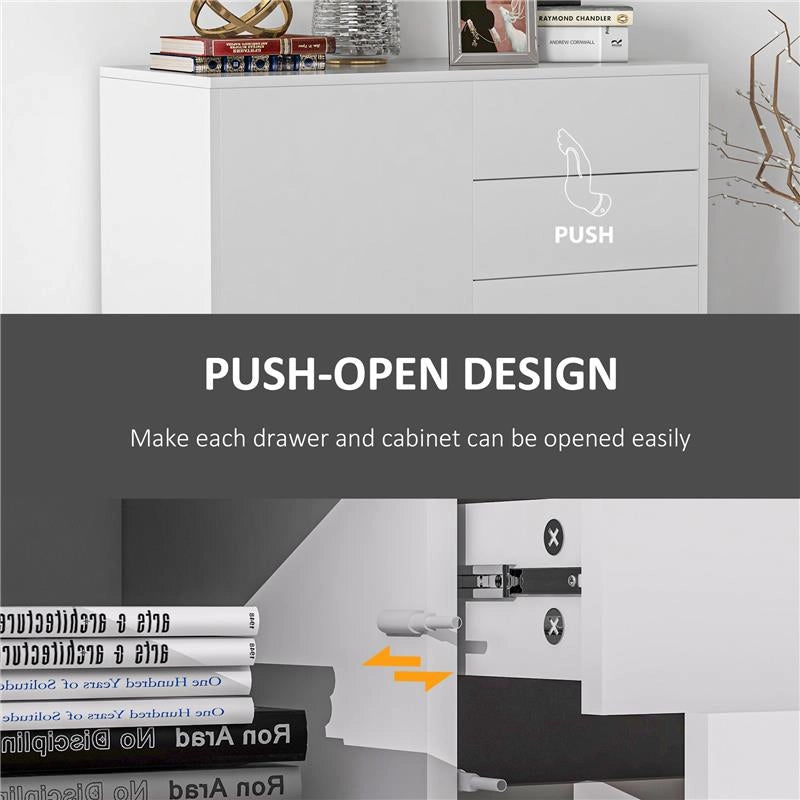CREDENZA MODERNA CON 2 ARMADIETTI E 2 CASSETTI CON APERTURA A PRESSIONE, 79X36X74CM, BIANCO LUCIDO