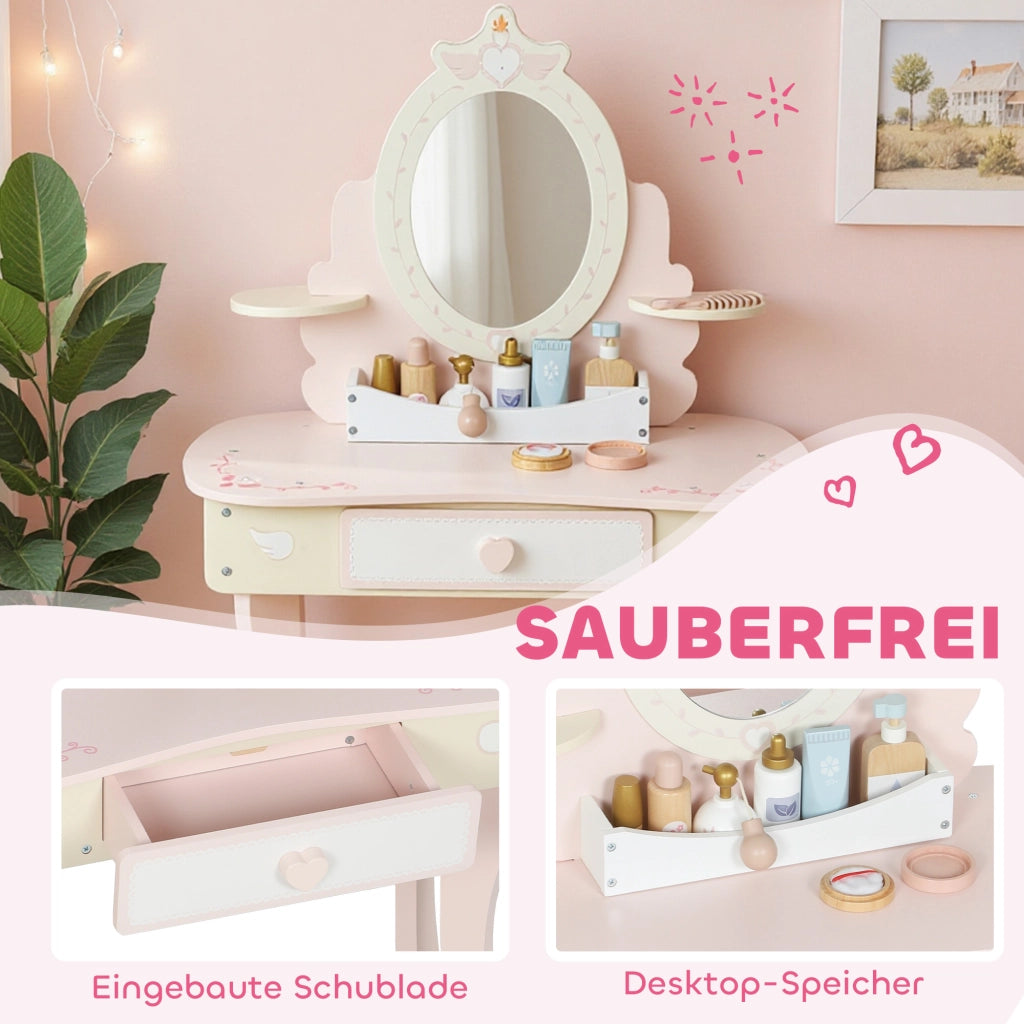 Toeletta bambini con sedia e cassetto ¨C Xylo ¨C rosa MDF con specchio removibile e 7 accessori