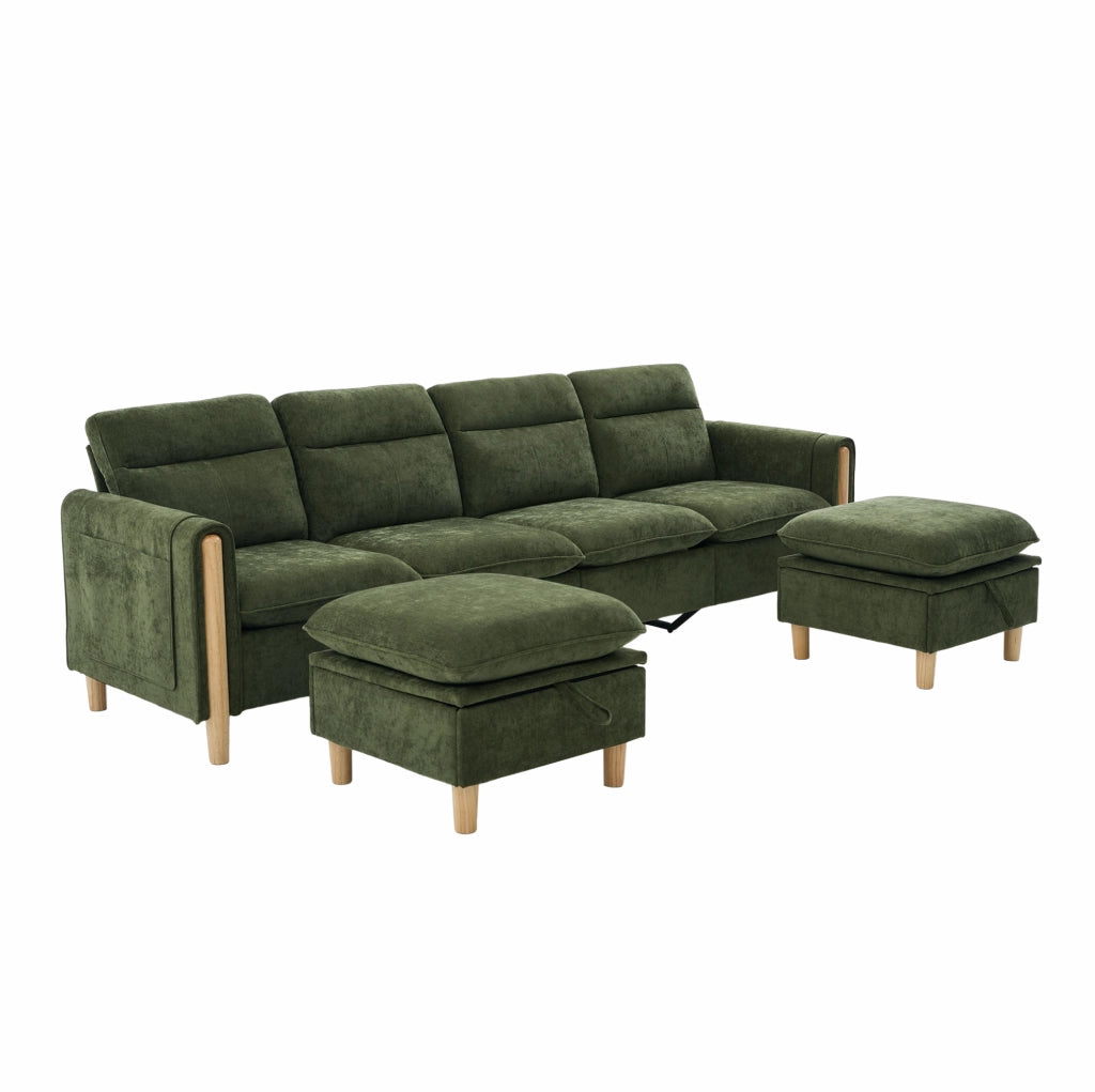 Divano modulare 4 posti con 2 pouf contenitore in ciniglia verde HOMVRA