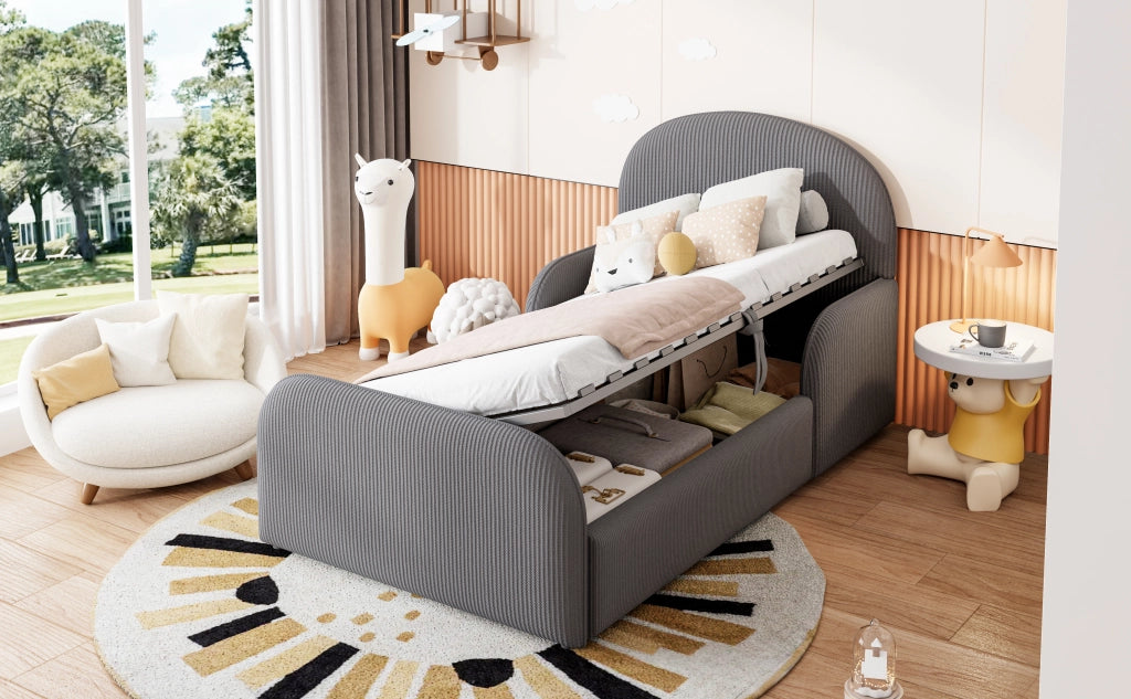 DESMIU Letto per bambini 90 × 200 cm con vano contenitore idraulico e sponde di sicurezza, senza materasso, in velluto, grigio