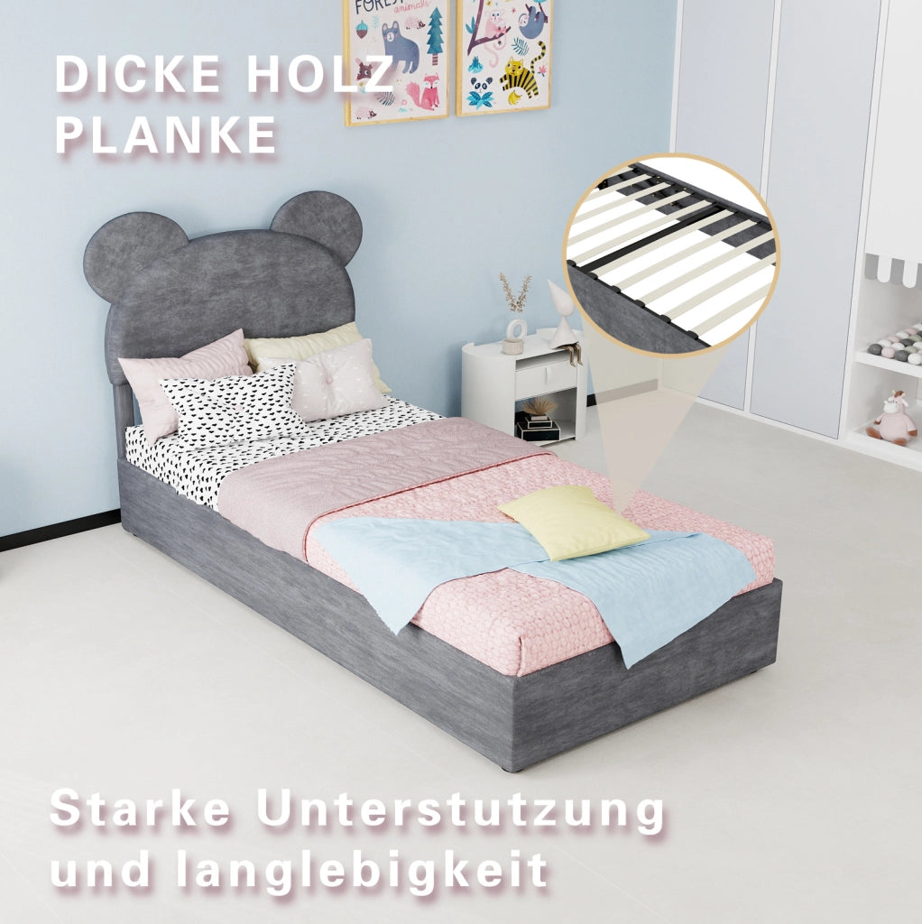 Letto imbottito 90x200 cm con contenitore a sollevamento pneumatico; tessuto e metallo; grigio