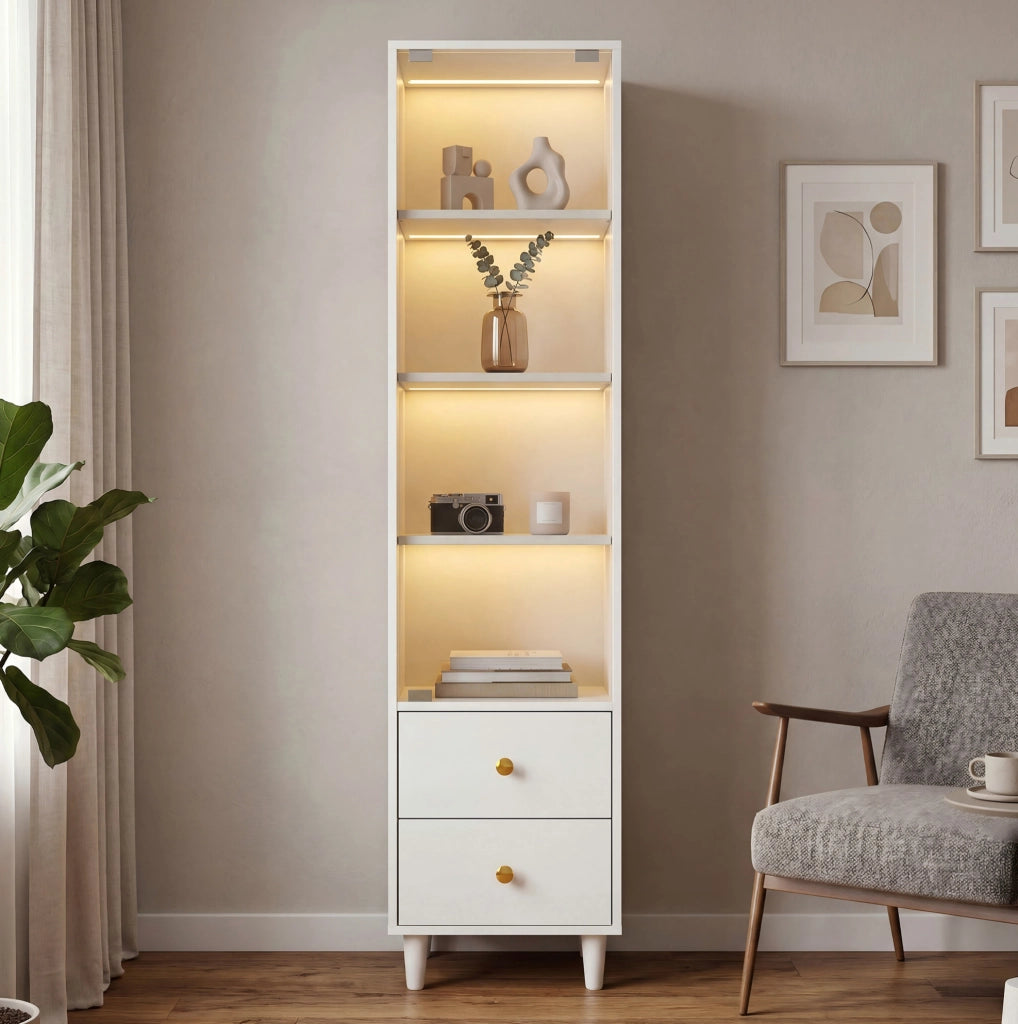 Vetrina bianca in MDF e vetro con illuminazione LED; 2 cassetti