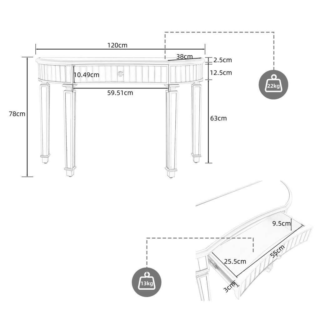 TAVOLO CONSOLLE MEZZALUNA 120 cm Grigio Argento in MDF e Vetro con Cassetto