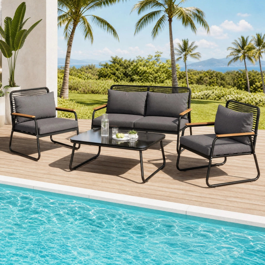 Set lounge da giardino 4 posti con tavolino; struttura in ferro zincato; nero