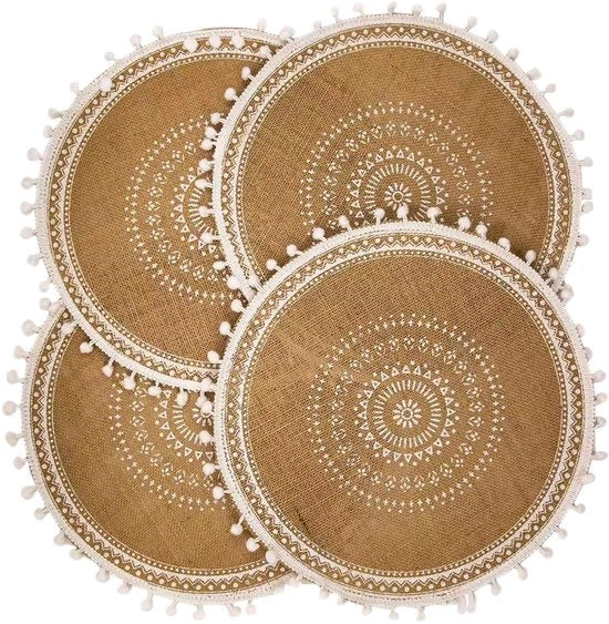 Tavoli da pranzo, tovaglie moderne da inverno per tavolo da pranzo tessute in beige e autunno, tovaglie da tavolo rotonde bohemienne, set 4 pezzi (palline bianche)