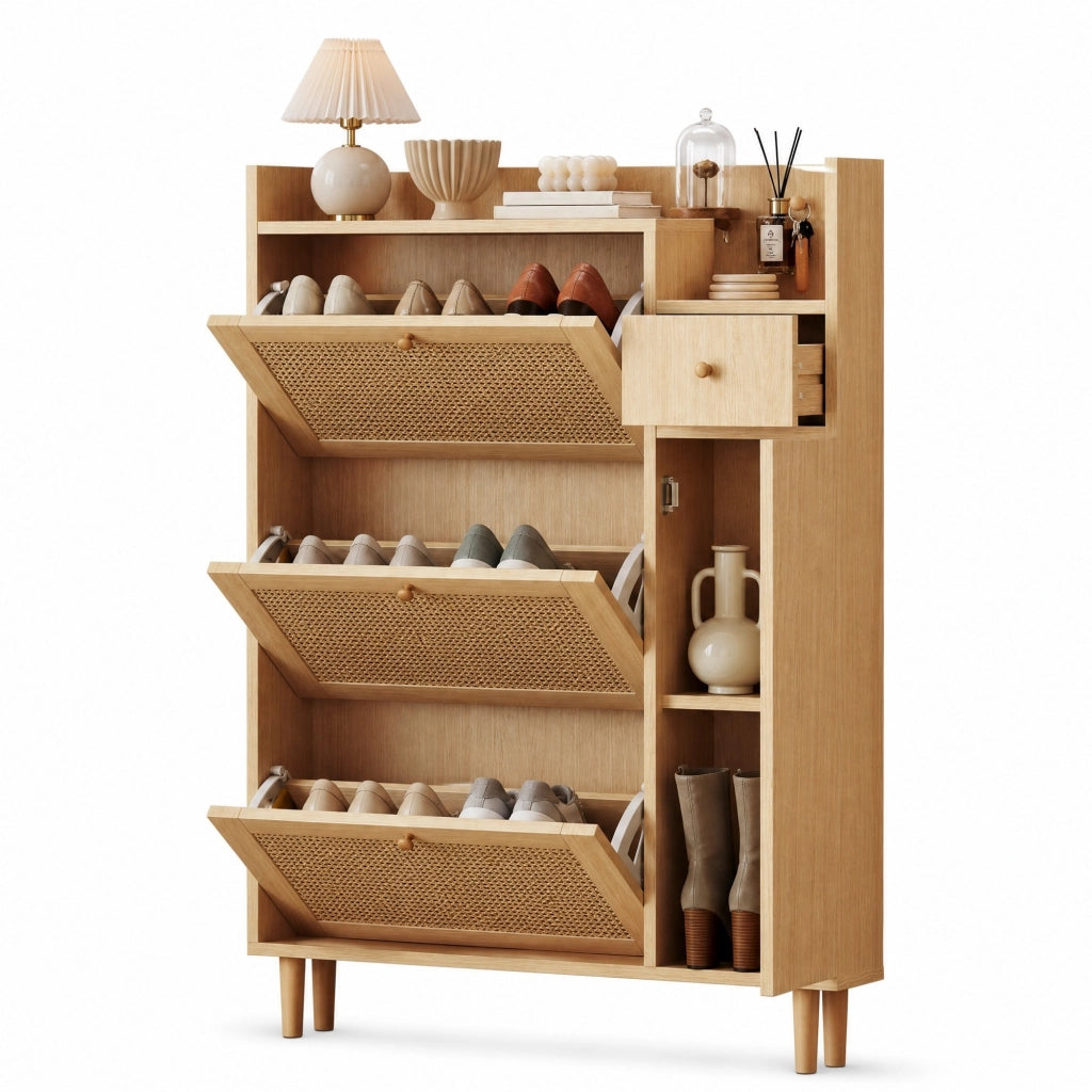 Armadio portascarpe salvaspazio in MDF con ante a ribalta, 1 cassetto e piedini in legno, colore naturale, 90 x 125 x 17 cm